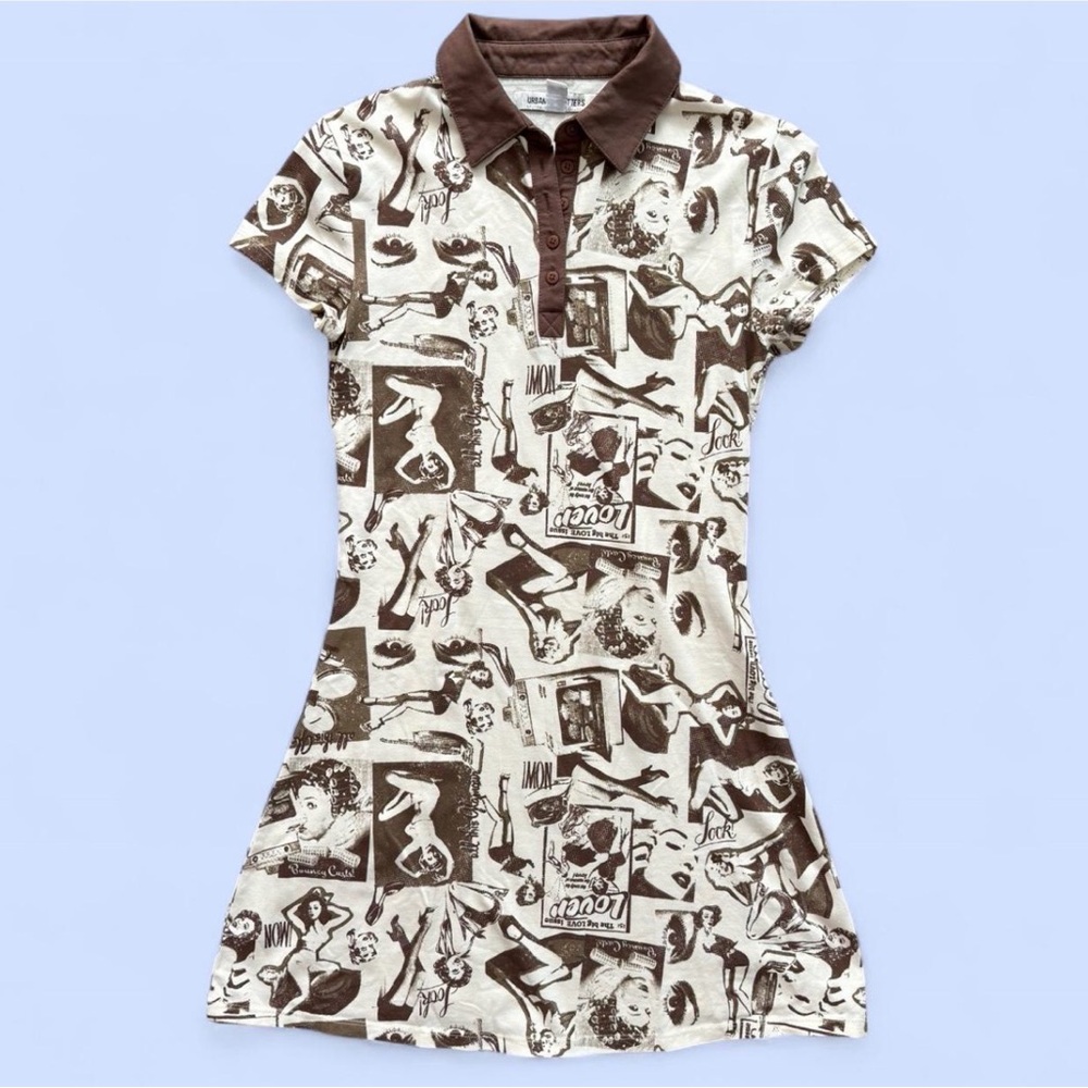 Urban Outfitters Cream and Brown Graphic Polo Dress